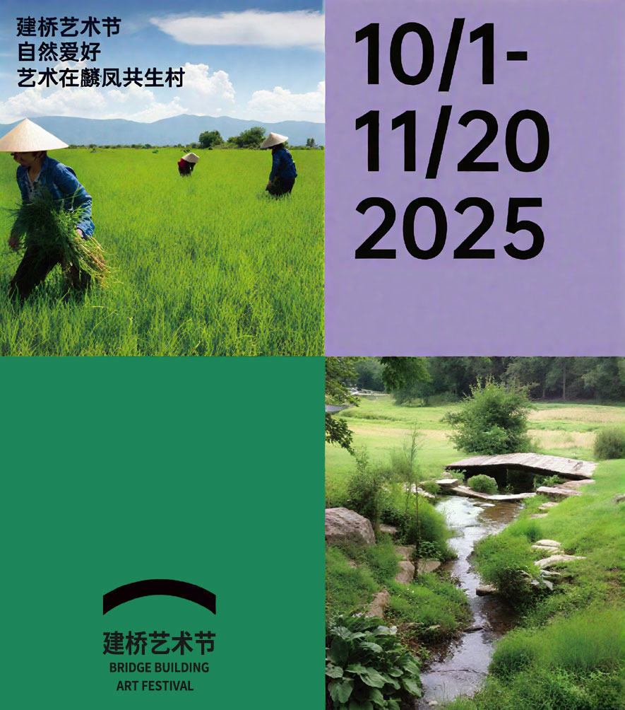 建桥艺术节现场照片，展示了乡村中的艺术装置和参与者